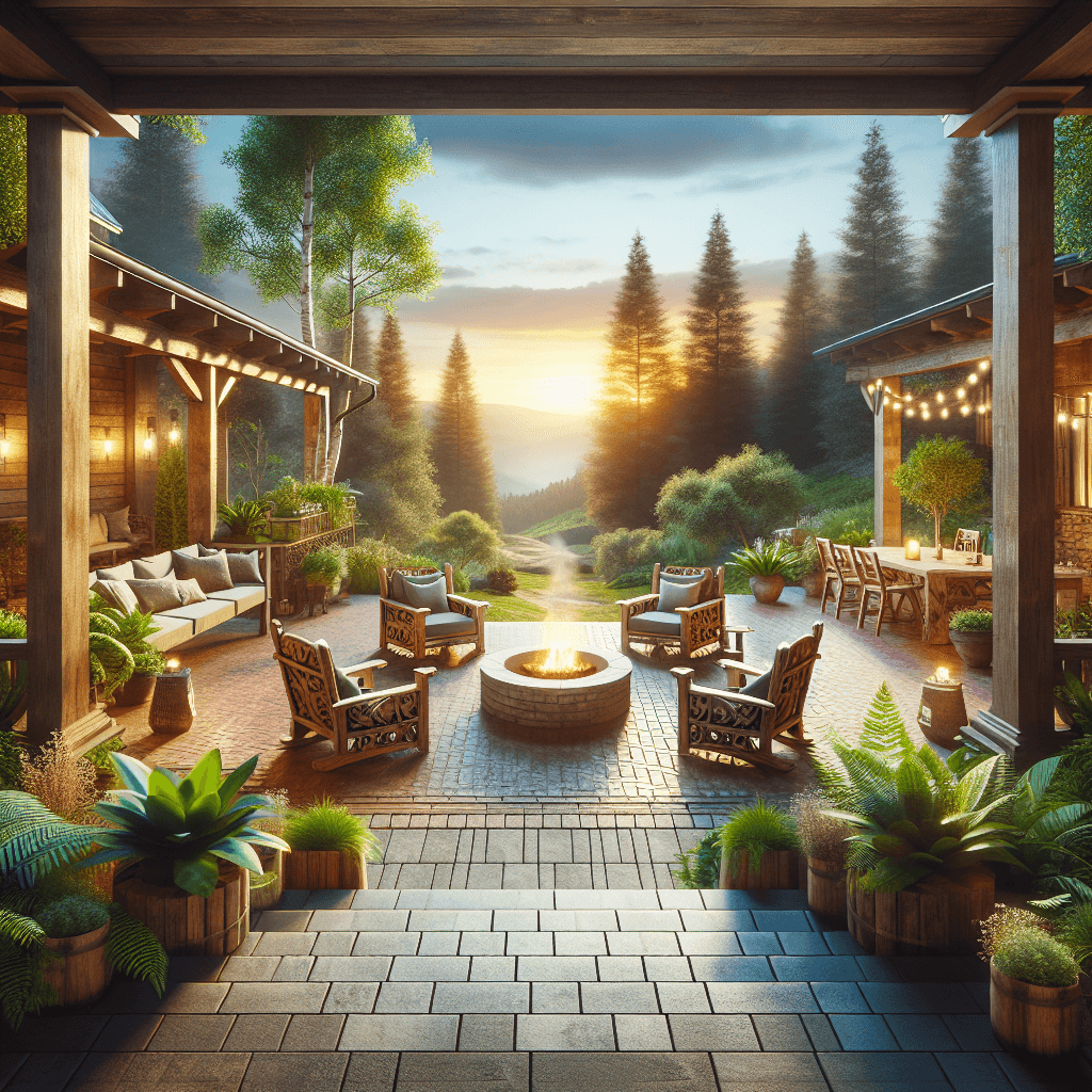 A beautifully updated patio with outdoor seating, lush greenery, and a glowing fire pit under the evening sky.