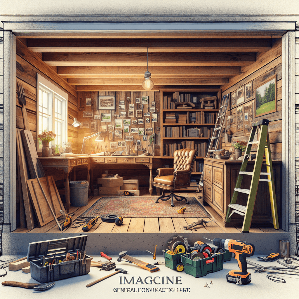 A beautifully transformed garage featuring a clean layout with custom wooden cabinetry, a workspace desk, and ample lighting.