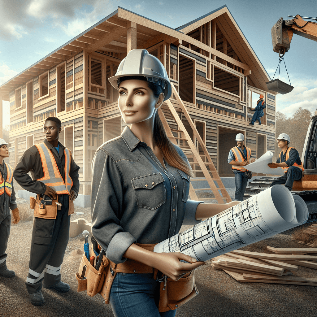 A general contractor reviewing construction plans on-site against a residential hillside home.